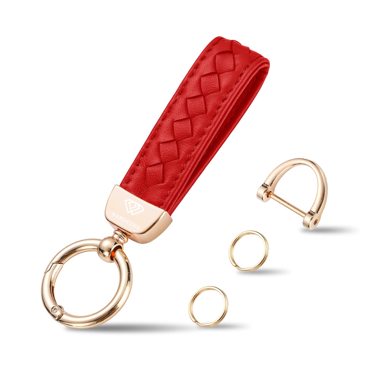 Hamdecro Genuine Leather Keychains, Handmade Knit Sheepskin Car Key Chains For Women, Universal Key Fob Holder With 360 Degree Rotatable, Anti-Lost D-Ring, 2 Keyrings And 1 Screwdriver - Red