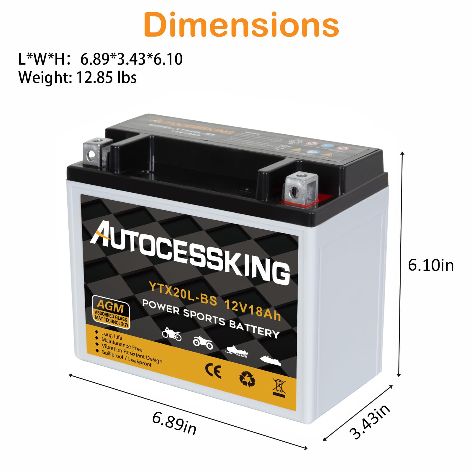 Autocessking YTX20L-BS 12V 18AH Sealed AGM Motorcycle Battery - Maintenance Free Powersport Replacement for ATV and Scooter
