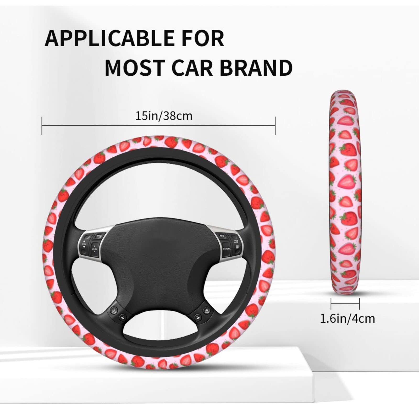 Cute Pink Strawberry Steering Wheel Cover for Women Men with 2 Pcs Car Coasters, Universal 14.5-15 Inch Rainbow Steering Wheel C