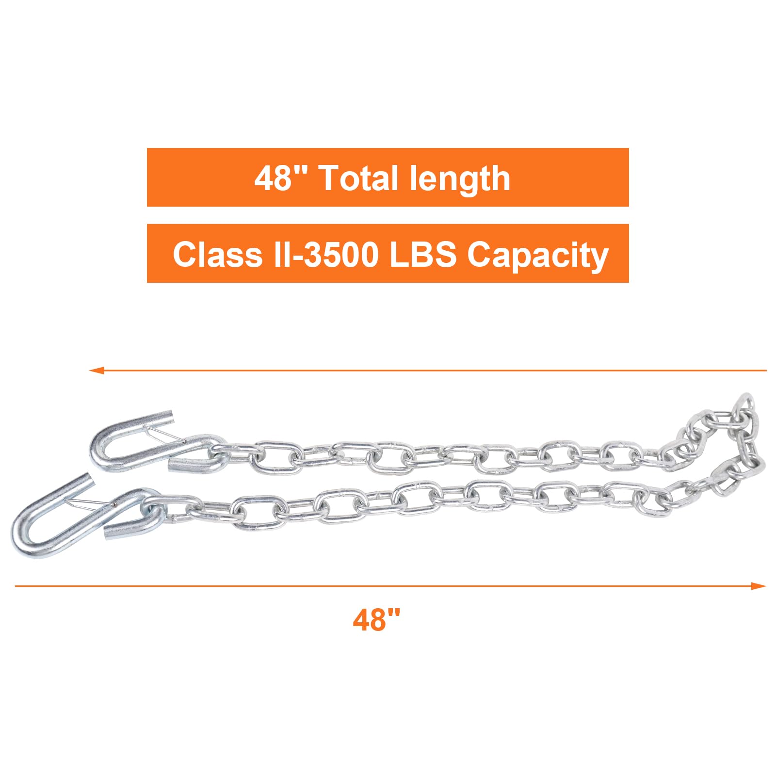 Teukriga 3/16'' X 48'' Grade 30 Steel Boat Trailer Safety Chain With Spring Clip Hooks 3500 Lbs, 2 Pcs (3/16'' X 48'')