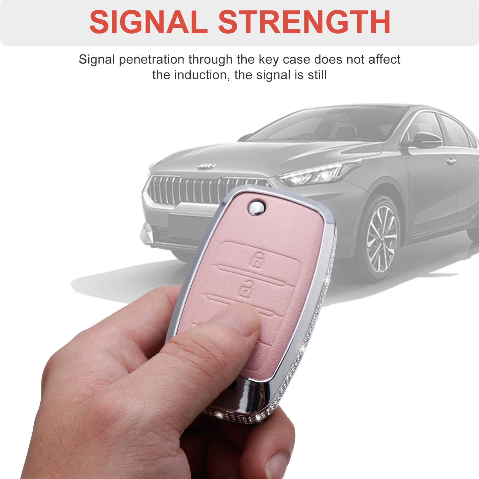 Ruabiban For Kia Key Fob Cover With Keychain, Pink Leather Crystal Key Case Protection Shell Compatible With Kia Sedona Rio Opti