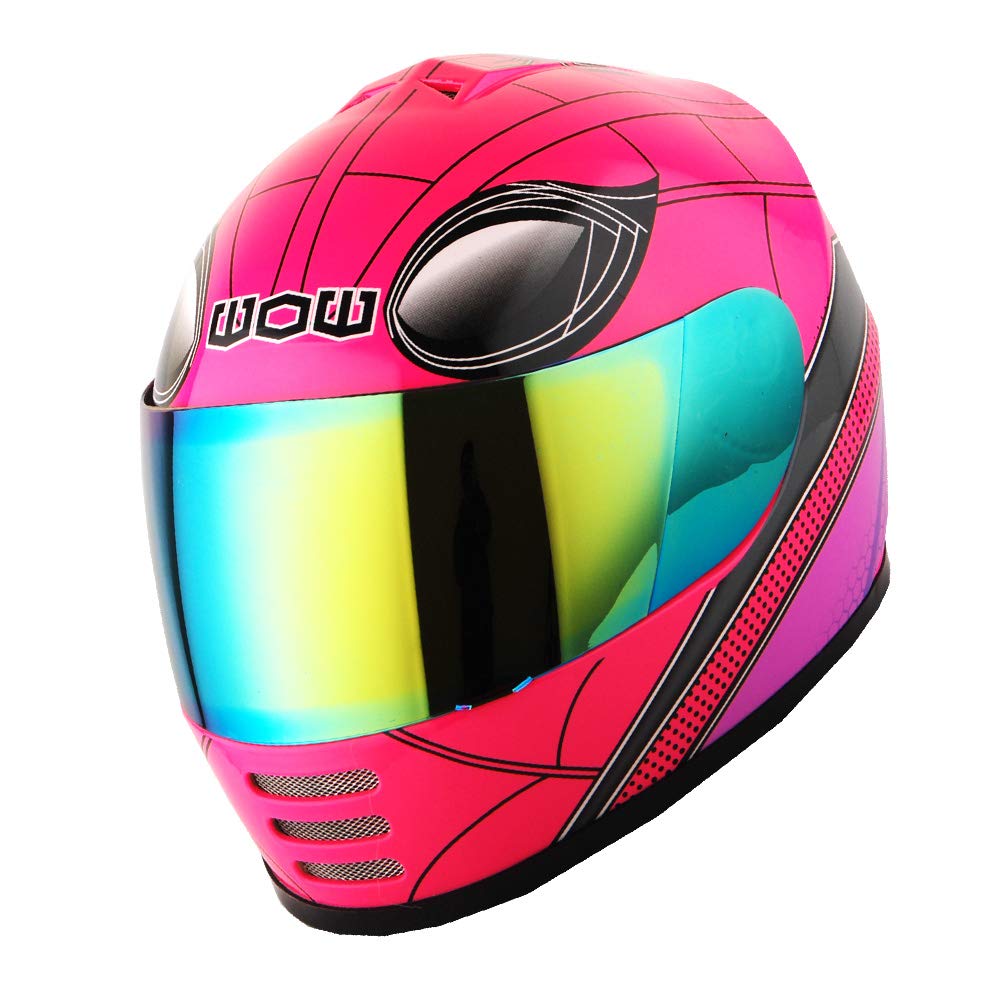 Wow Youth Motorcycle Full Face Helmet Street Bike Bmx Mx Kids Spider Pink + Mx Skeleton Glove Bundle