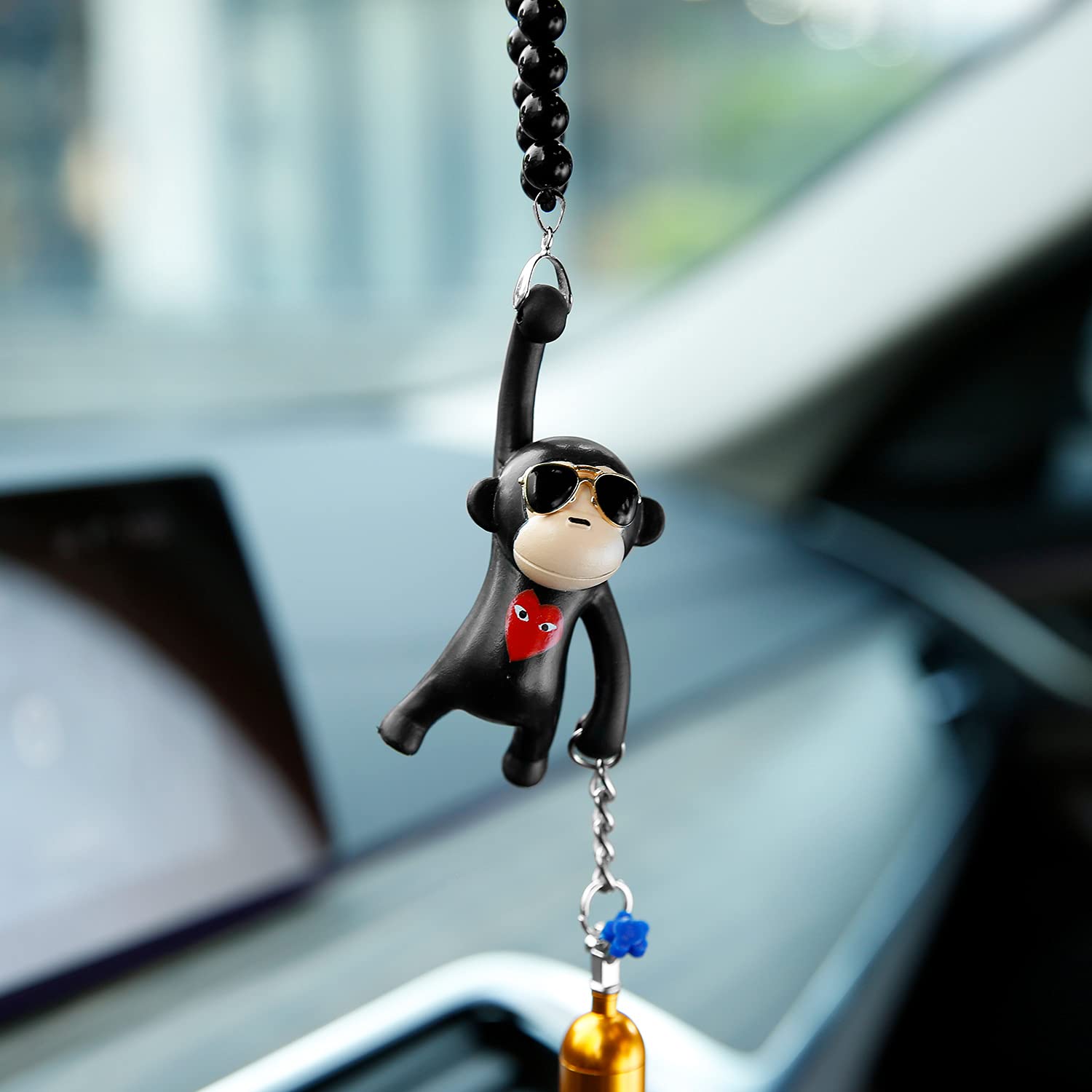 Ygmoner Wearing Sunglasses Monkey Car Interior Rear View Mirror Hanging Ornaments (Black & Nitrogen Bottle)