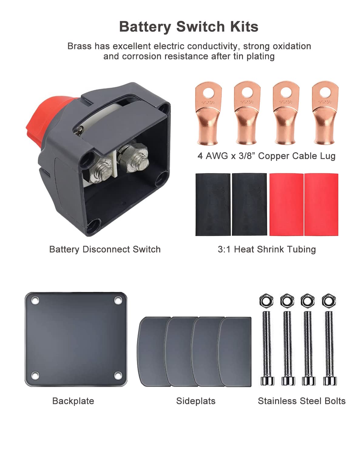 Gioyonil Battery Switch Disconnect, 12V-48V Power Shut Off Master Isolator Kill Switch With 4Awg-3/8 Ring Terminals Heat Shrink