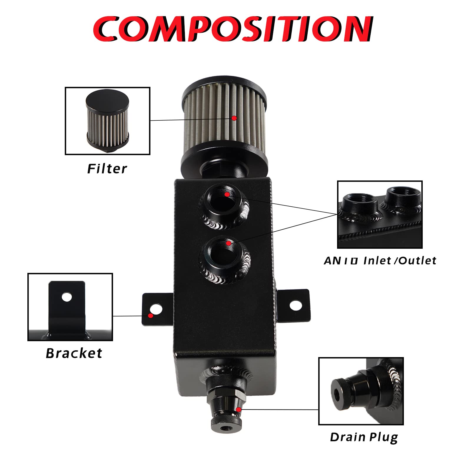 POSENG Universal 10AN Oil Catch Can Tank Baffled 1L with Filter Aluminum Black
