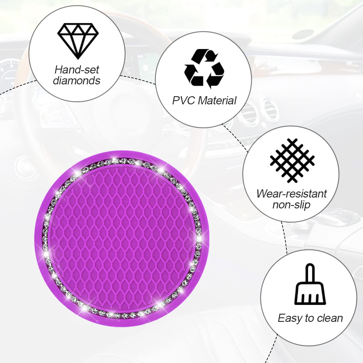 Car Cup Holder Coaster, 2 Pcs Universal Bling Crystal Rhinestone Car Accessories 2.75 Inch Auto Anti Slip Cup Holder Insert Mat Pad Set,Suitable For Most Car Interior (Purple)