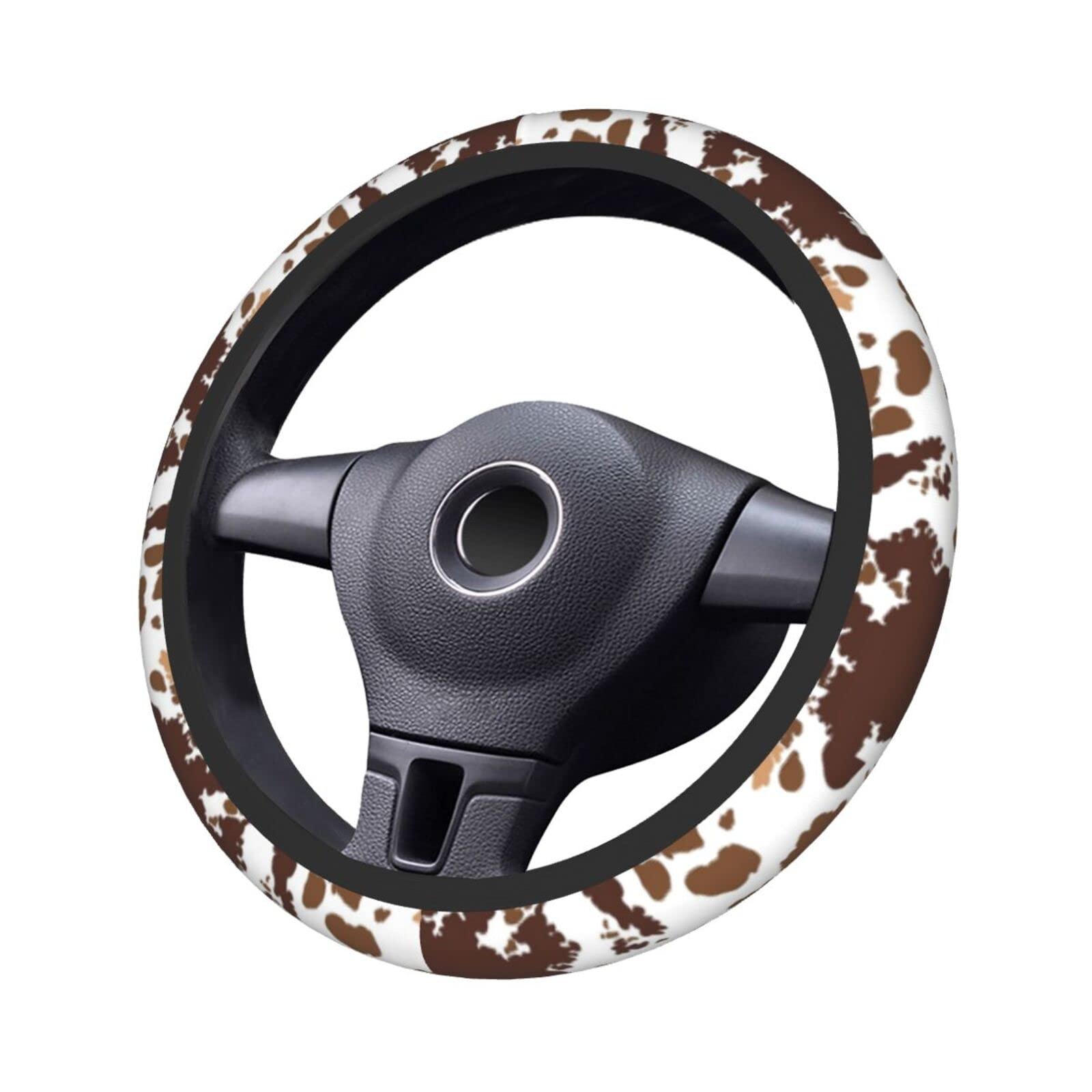 Sanghing Neoprene Steering Wheel Cover, 15" Anti-Slip, Brown Cow Print, Universal Fit for Cars, Trucks, SUVs