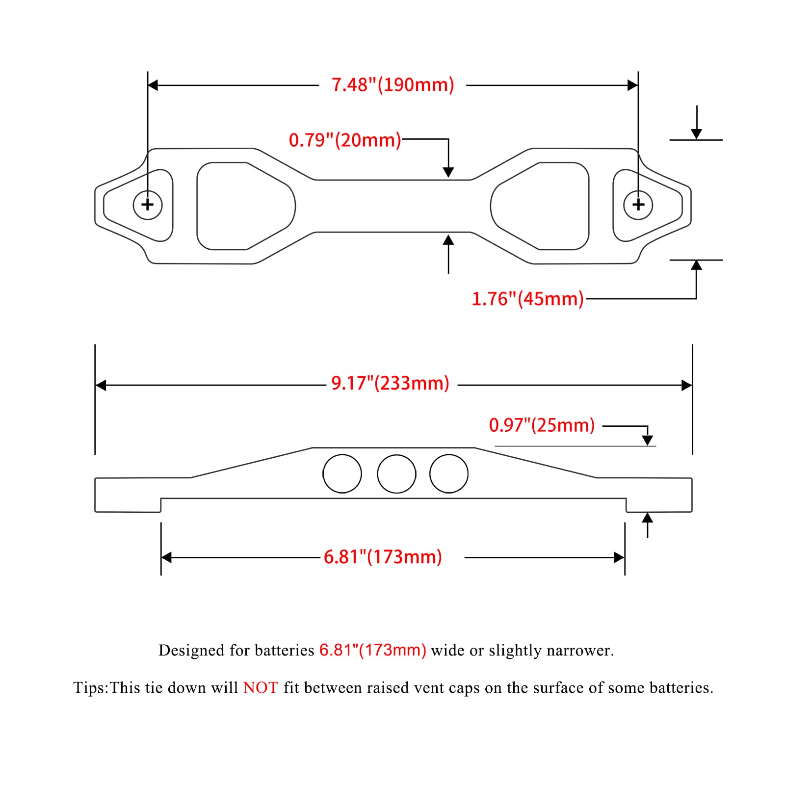 Aronova Heavy Duty Battery Hold Down Sets,With Billet Aluminum Battery Tie Down Bracket And 18-8(304) Stainless Steel J Bolts (B