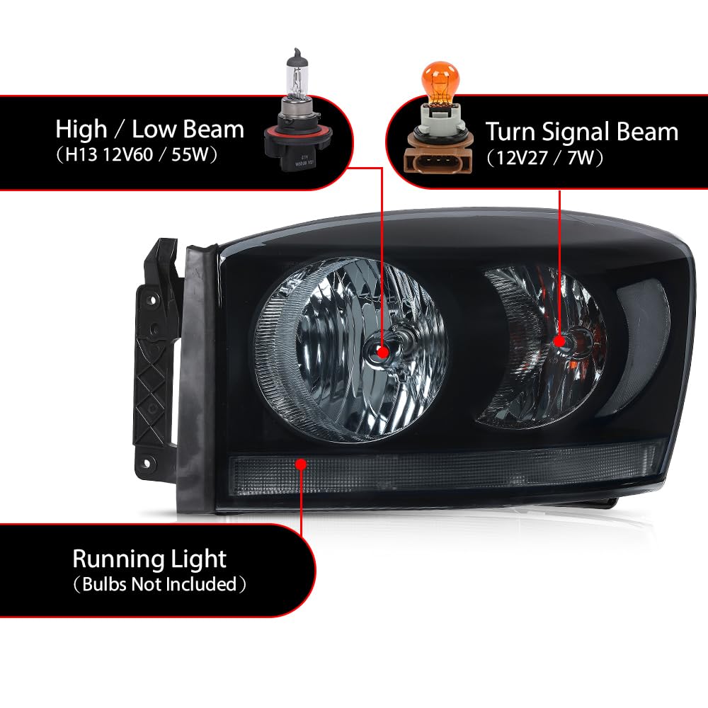 G-Plus Front Headlights Lamp W/Bulbs Pair, Fit For Dodge Ram 1500 2500 3500 Truck 2006 2007 2008 2009,Ch2518114 Ch2519114 Smoke