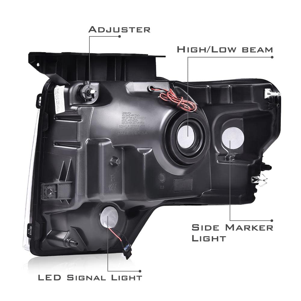 CHEDA LED Headlight Assembly for Ford F150 2009-2014, Clear Lens, Black Housing, Clear Reflector, FO2503289, FO2502287