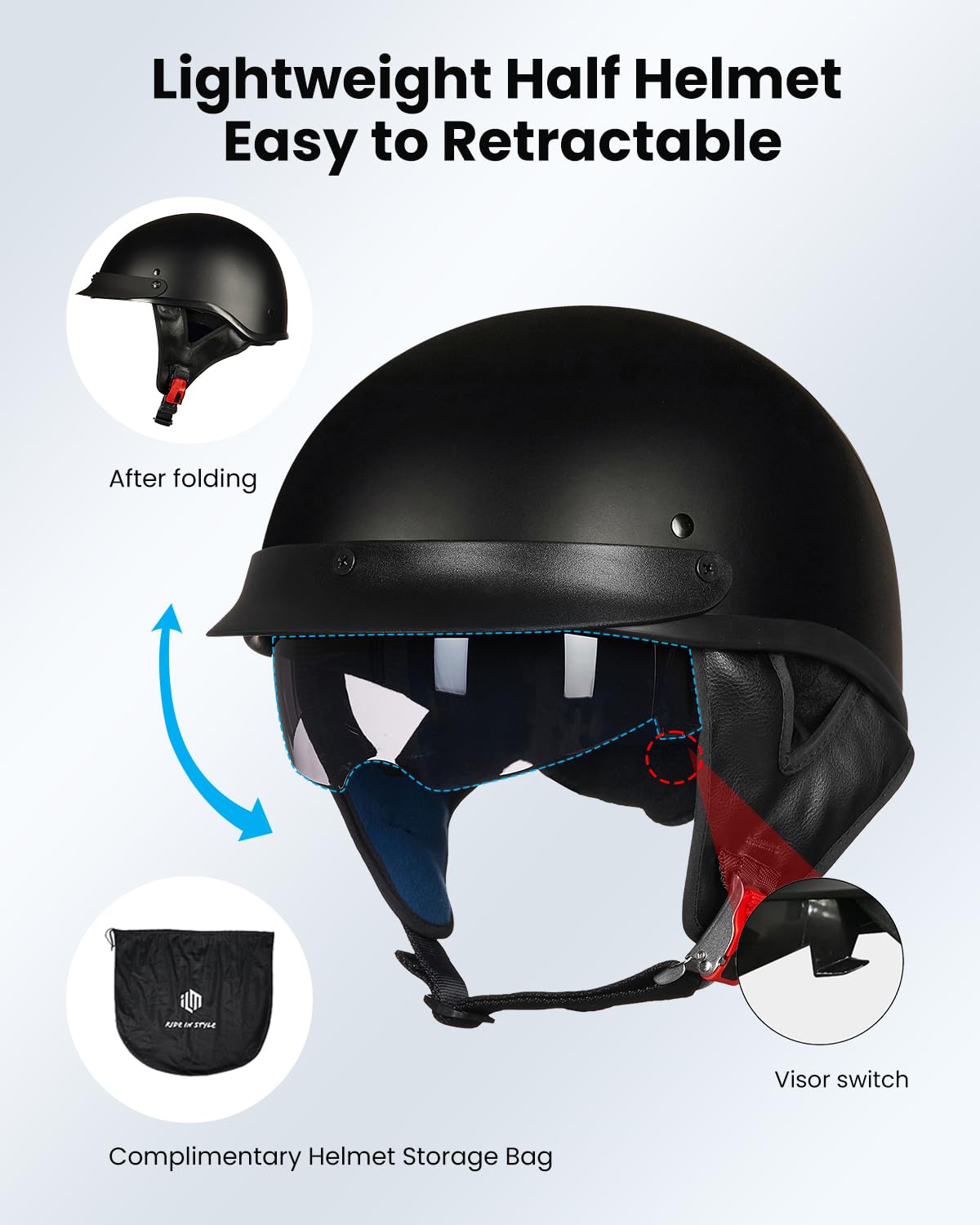 ILM Half Helmet Motorcycle Open Face, Large, Matt Black, ABS, Model-205V, DOT Approved, Quick Release Buckle