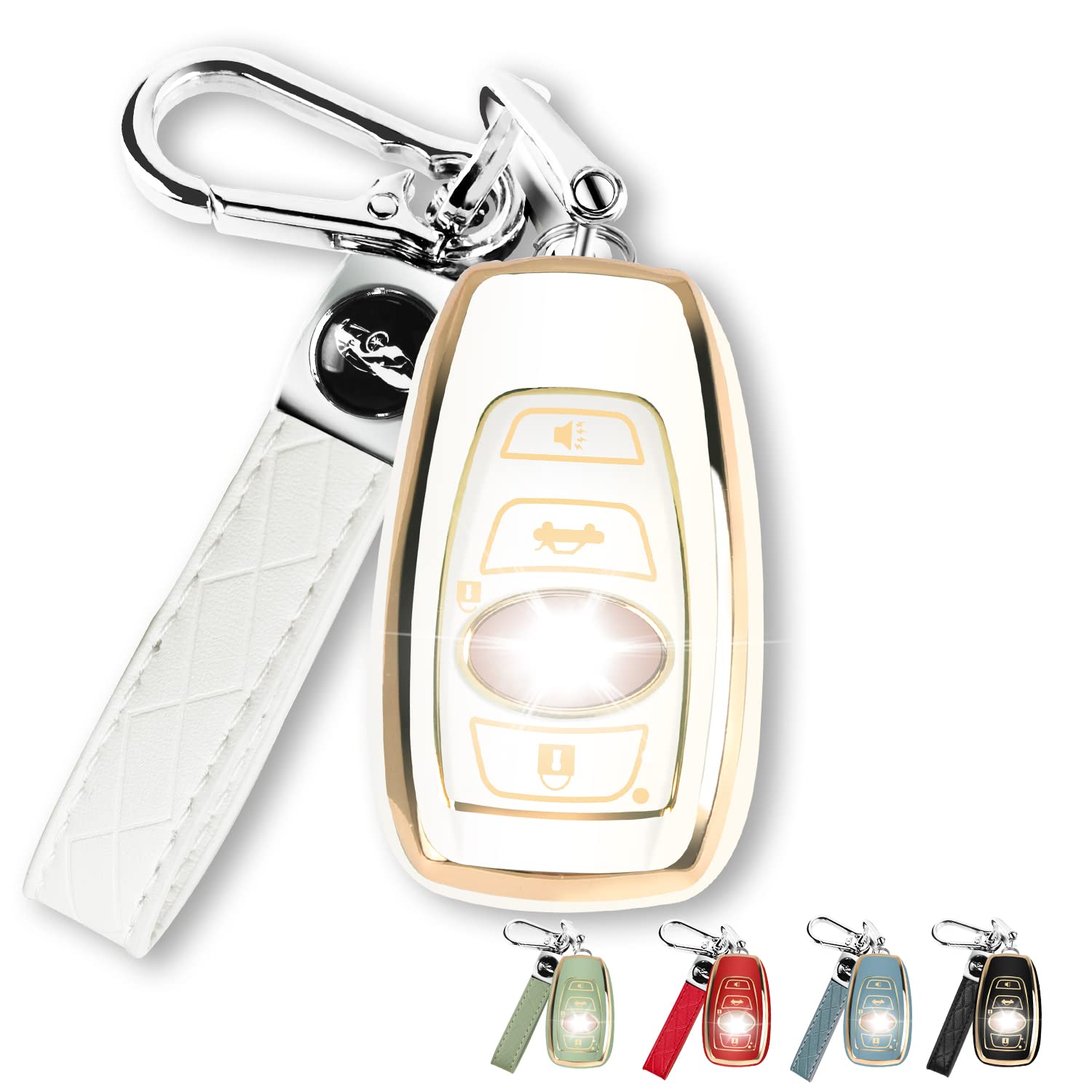 Qbuc For Subaru Key Fob Cover Case With Genuine Leather Keychain For Subaru Forester Crosstrek Ascent Outback Legacy Wrx Etc (Wh