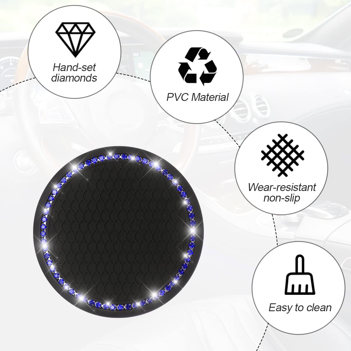 2 Pack Car Bling Cup Holder Coaster, 2.75 Inch Crystal Rhinestone Car Cup Holder Insert Coaster,Universal For Cars, Vehicles, Suvs, Car Interior Accessories For Women And Men (Black/Blue)