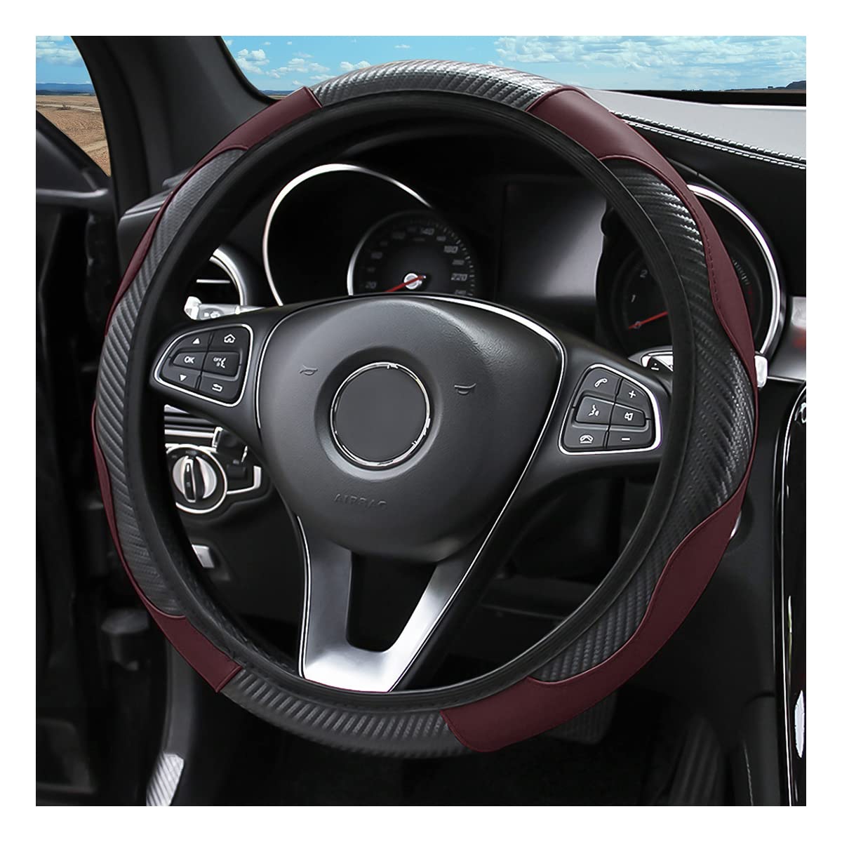 Car Steering Wheel Cover, Microfiber Pu Leather Elastic Carbon Fiber Auto Steering Wheel Protector, 15 Inch Breathable Anti-Slip