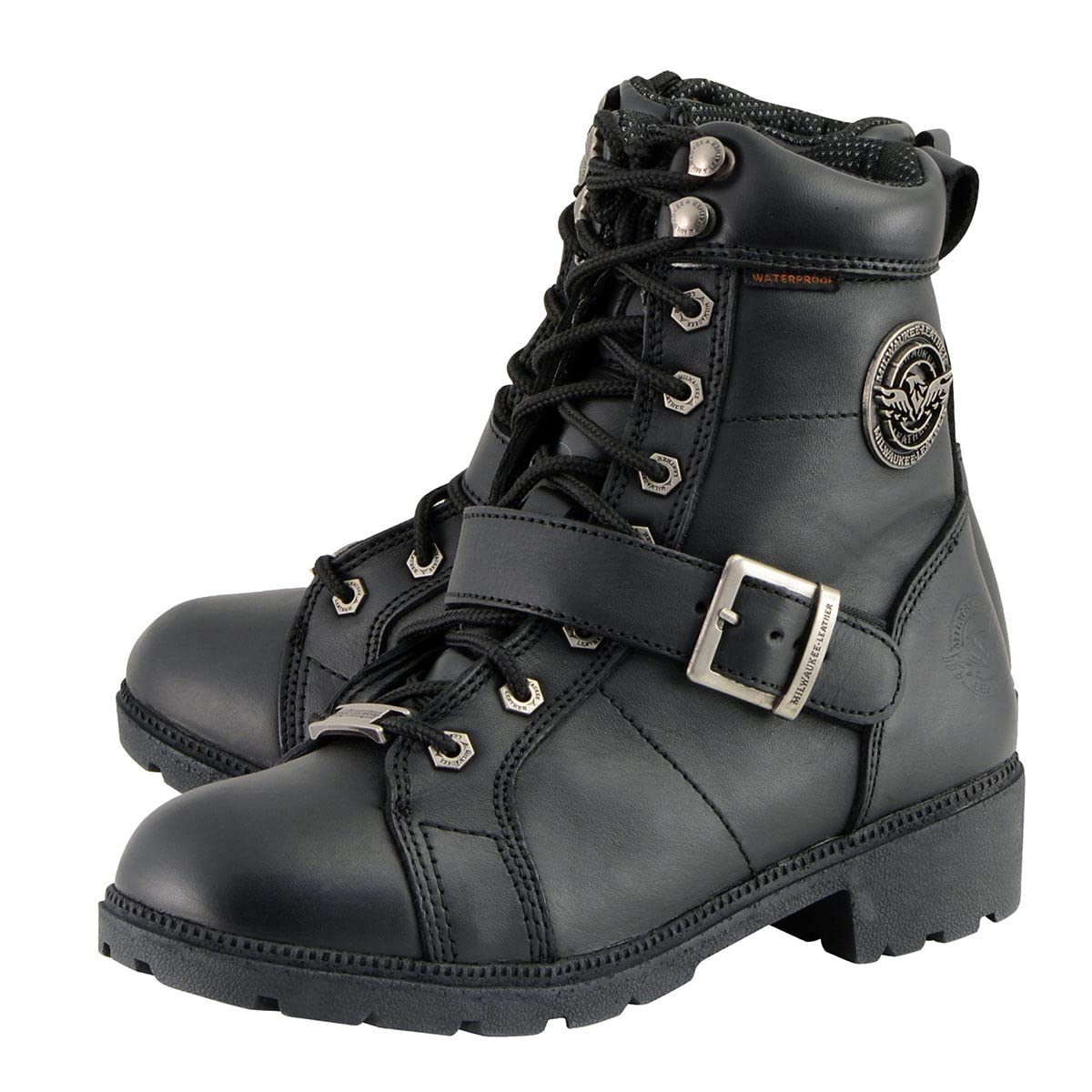 Milwaukee Leather MBL9326WP Women's Premium Black Leather Lace-Up Waterproof Motorcyle Rider Boots - 8.5