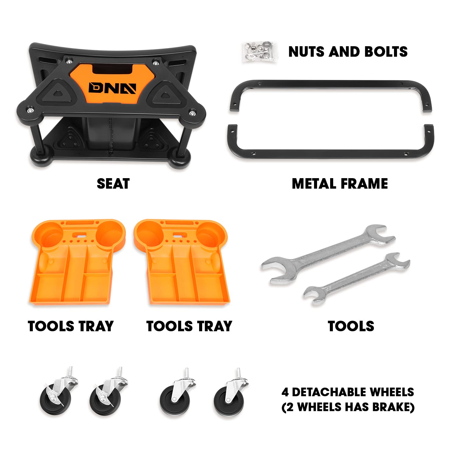 Dna Motoring Tools-00189 Mechanic Stool - 25-1/2'' X 13'' X 12'' (L X H X W), Rolling Work Seat W/Lockable Swivel Wheels And Sto