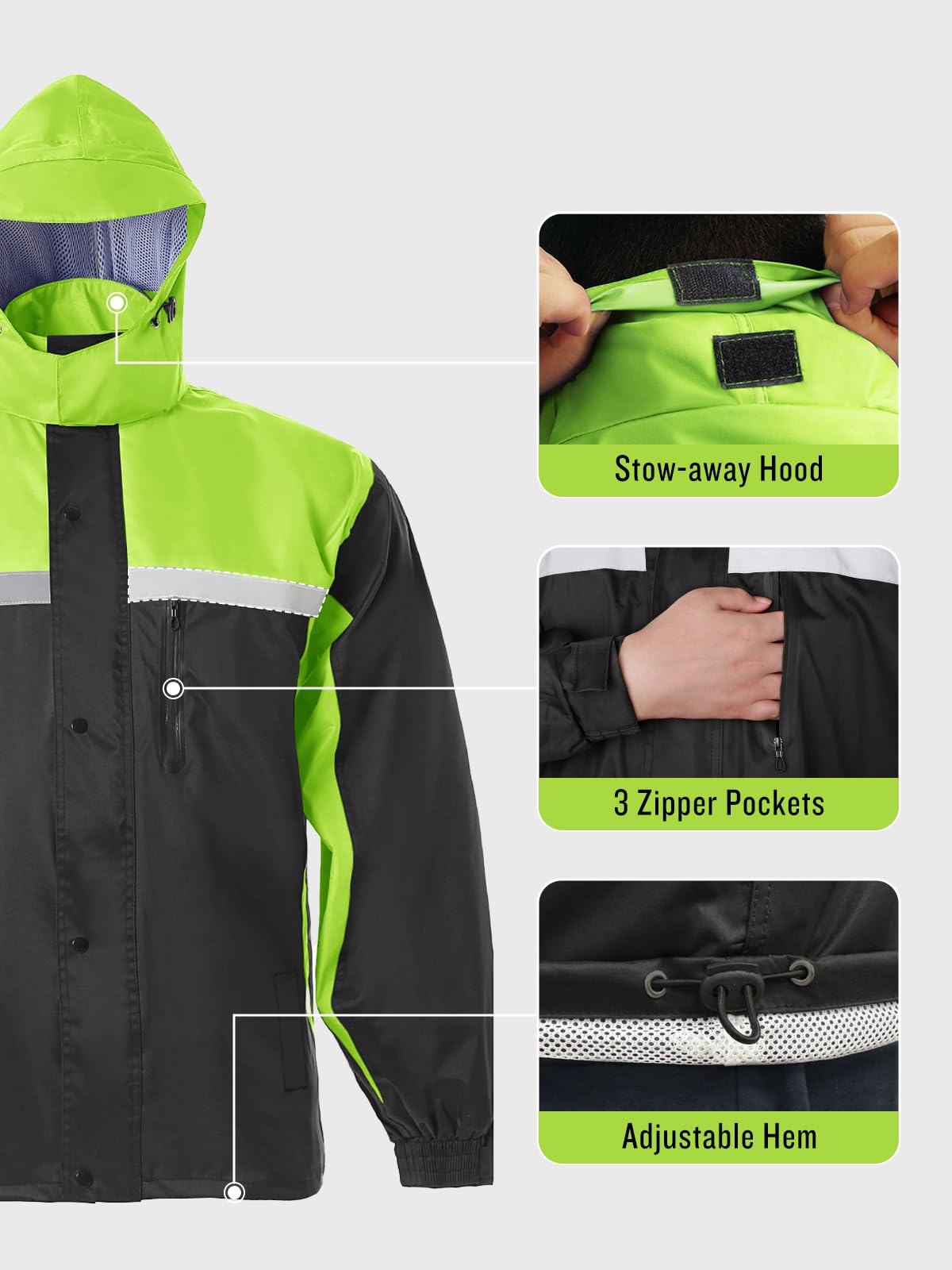 Saphirose Men'S Rain Suit High Visibility Reflective Work Rain Jacket Pants For All Sport Farm Fishing Motorcycle (Black/Green,Large)