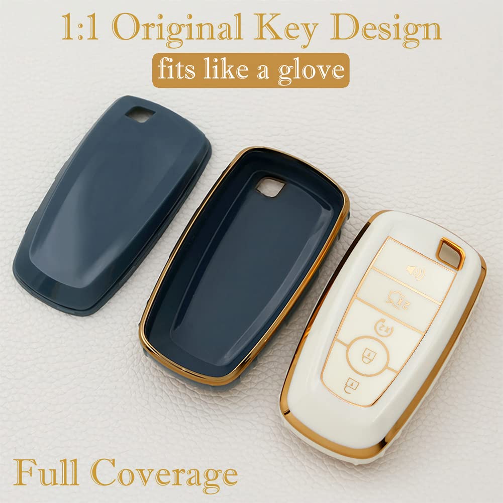 Cacacar For Ford Key Fob Cover With Keychain, For Explorer Bronco Escape Edge Expedition Mustang F150 Fusion Ranger Lincoln Prem