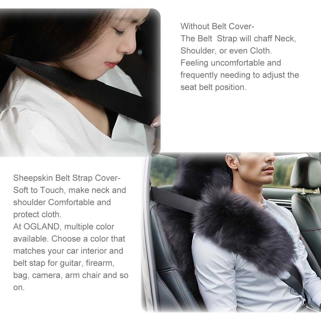 Long Wool Sheepskin Seat Belt Covers, Seatbelt Pads For Adults Kids Women Universal Car 2 Pack (Steel)