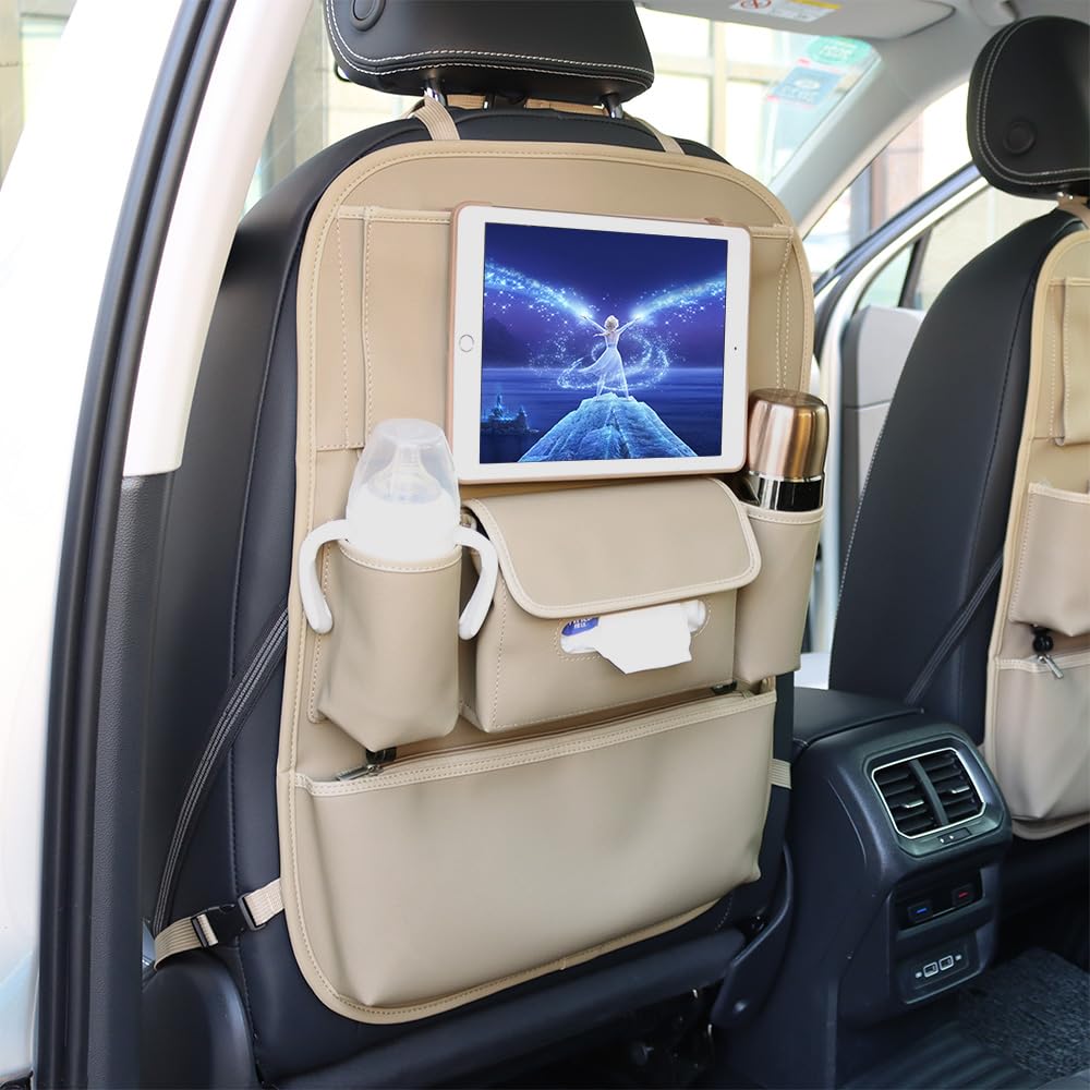 Viaviat Car Seat Organizer - Waterproof Backseat Protector, Large Pocket, Beige, Leather, Model GD-168 for Kids & Pets