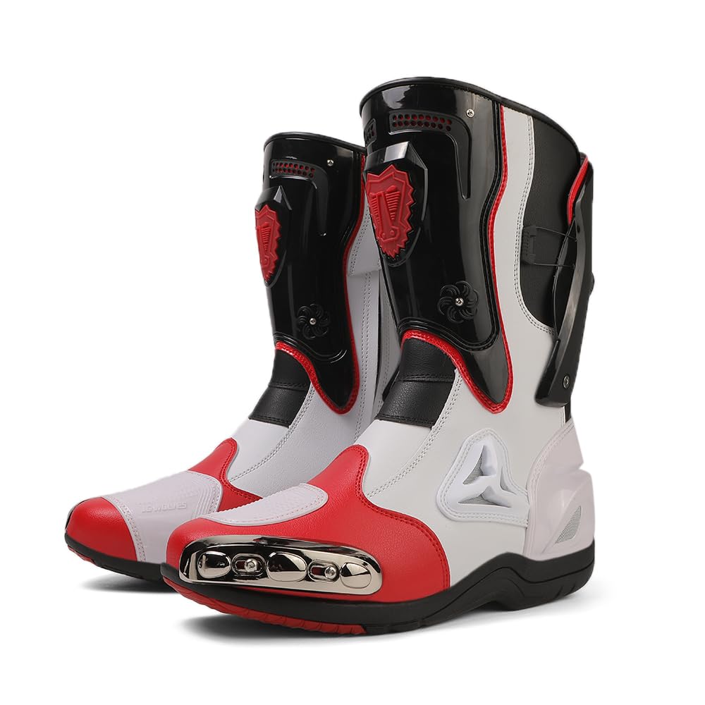 Zeozoom Motorcycle Riding Boots for Men & Women, Red, Size 10 US, Anti-Slip Leather, Model zeo-001, Racing Sports Footwear
