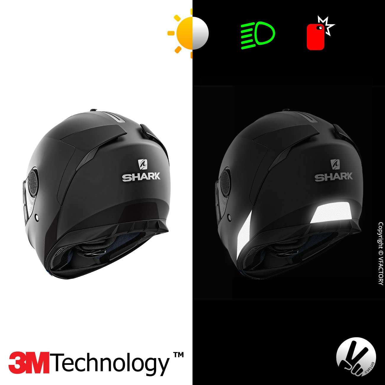Vfluo - Kit Of Reflective Stickers - Shark Spartan™ Motorcycle Helmet - Approved Stripes Fr - 3M™ Technology - High Visibility & Strength - Discreet & Design - Maximum Grip