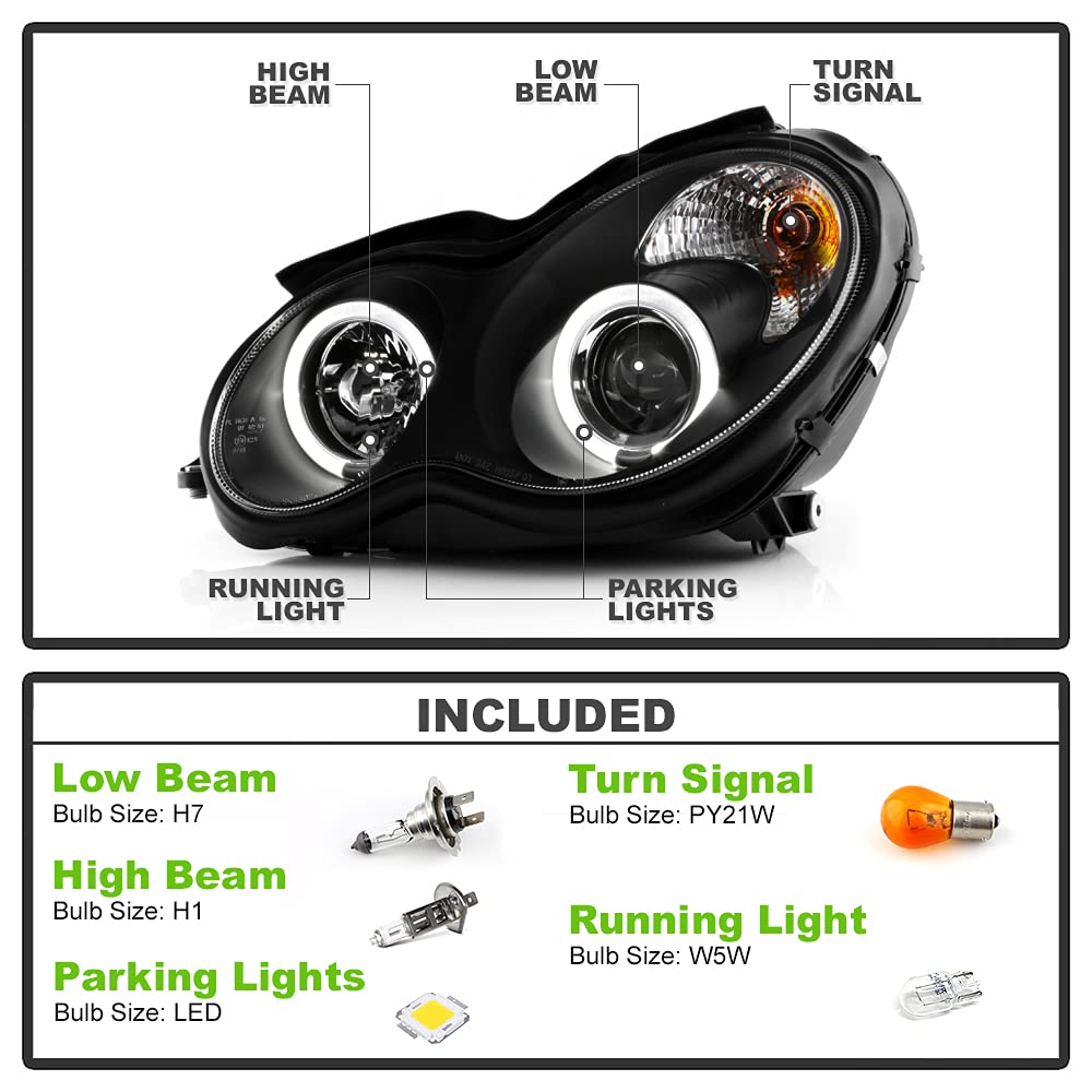 ACANII LED Halo Black Projector Headlights for 2001-2007 Mercedes-Benz W203 C230 C240 C320