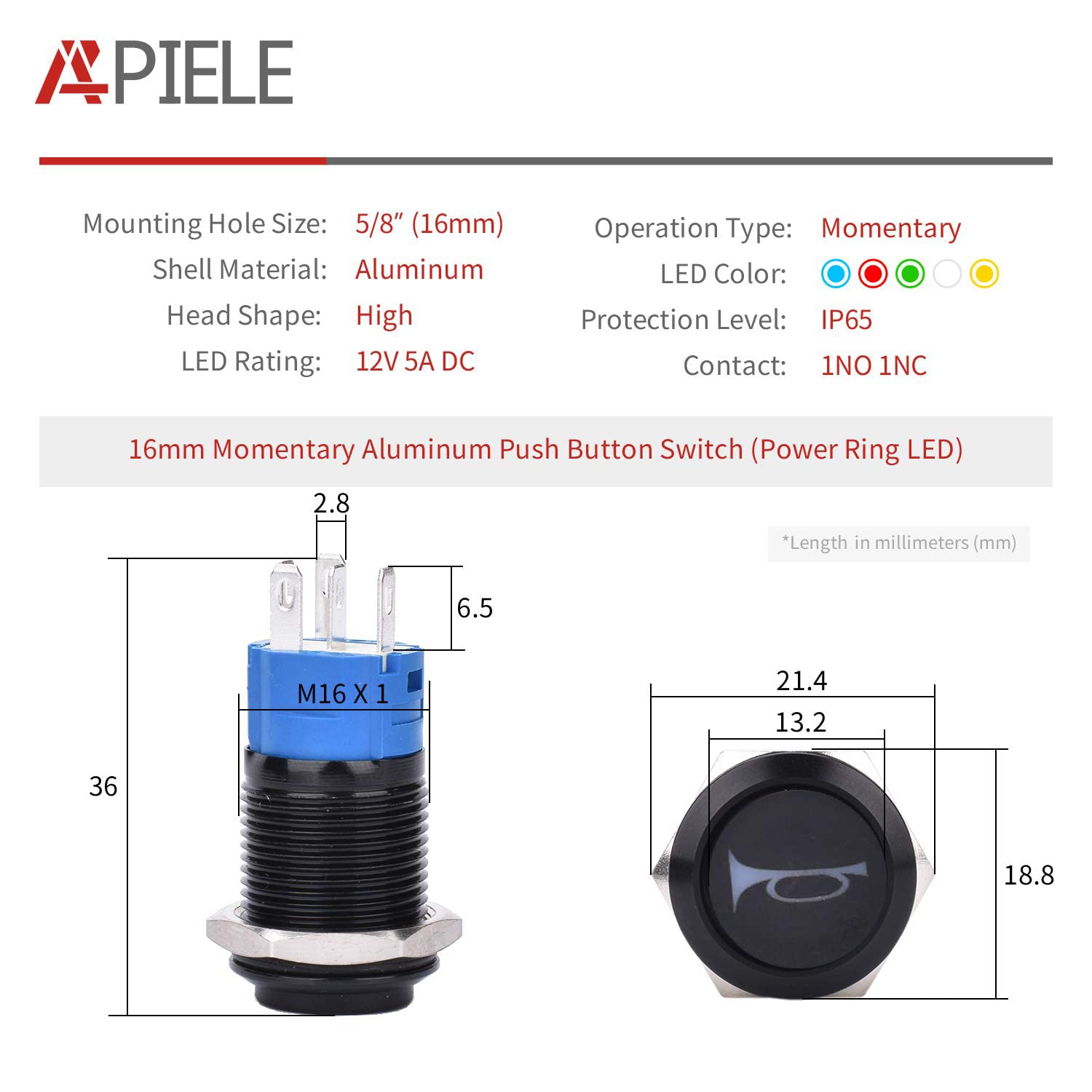 Apiele 16Mm 12V Momentary Speaker Horn Push Button Toggle Switch 0.63'' Mounting Hole 1No 1Nc Spdt With Pre-Wiring Socket For Ca