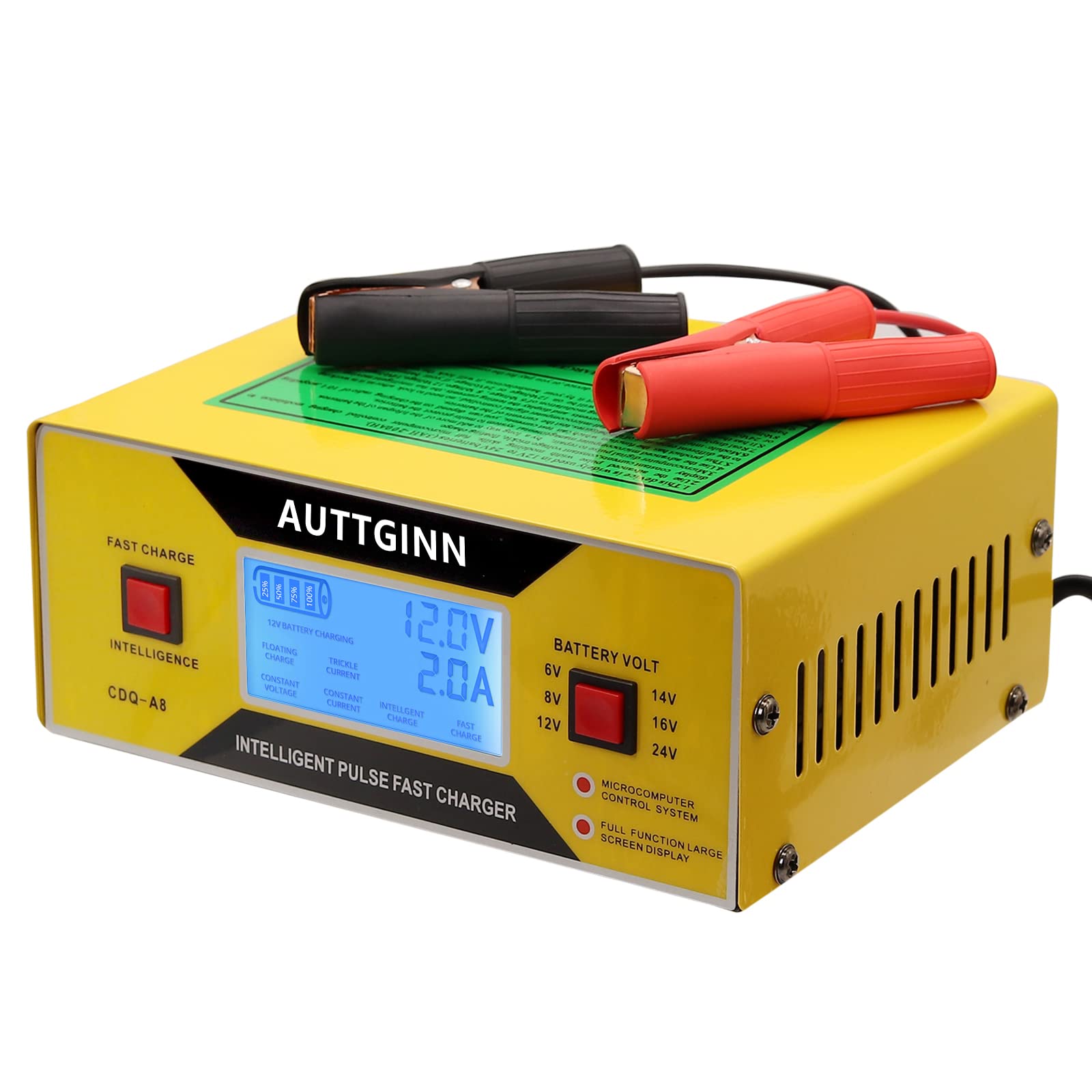 AUTTGINN 6/8/12/14/16/24V Battery Charger 0-10Amp Smart Adjustable Car Battery Charger with Upgraded Cable Clamps, Smart Trickle