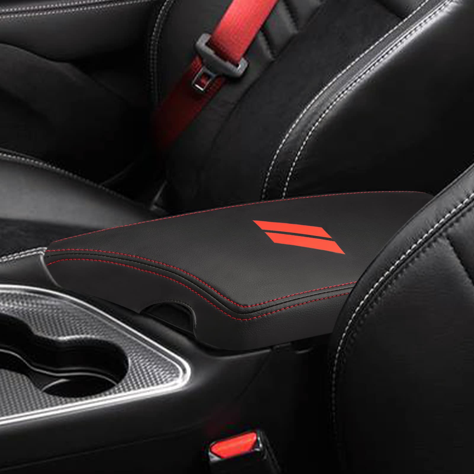 INTGET Car Center Console Armrest Cover for Dodge Challenger 2015-2023, PU Leather, Red Stitches, Interior Lid Protector Pad