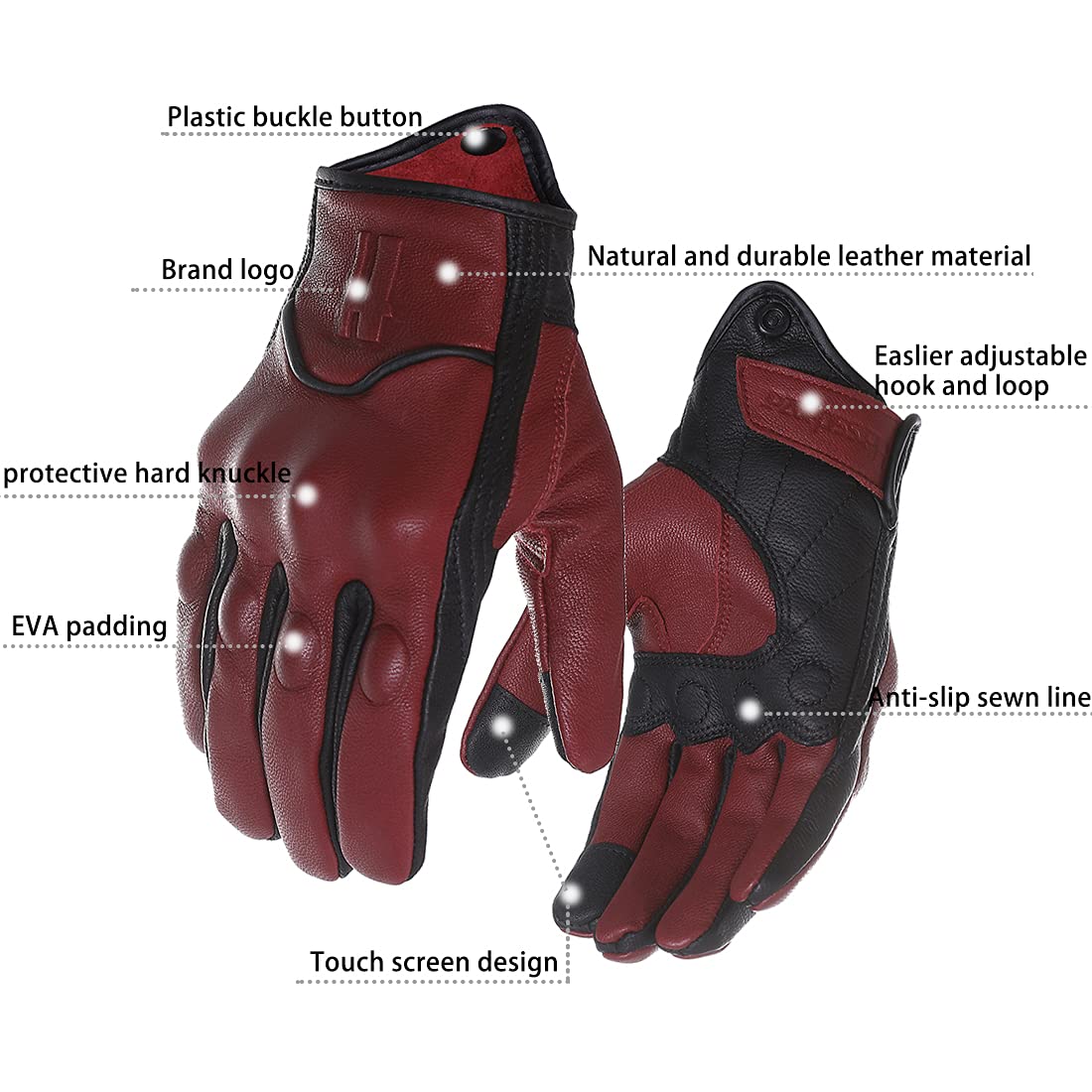 Harssidanzar Motorcycle Gloves - Leather Touch Screen Riding Gloves, Size XL, Oxblood/Black, Model GM028US