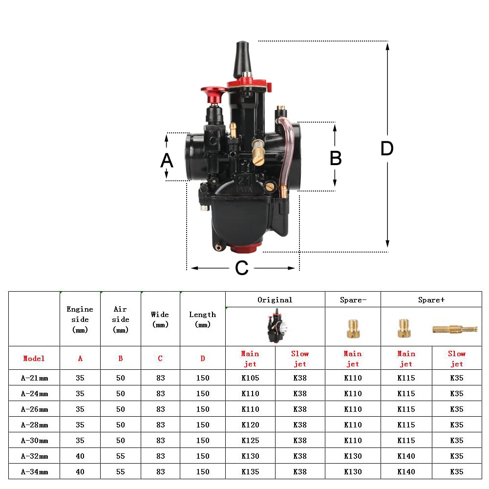 QXBER PWK 34mm Racing Carburetor Kit for 125cc-250cc 2T/4T Dirt Bikes, ATVs, Scooters - Black