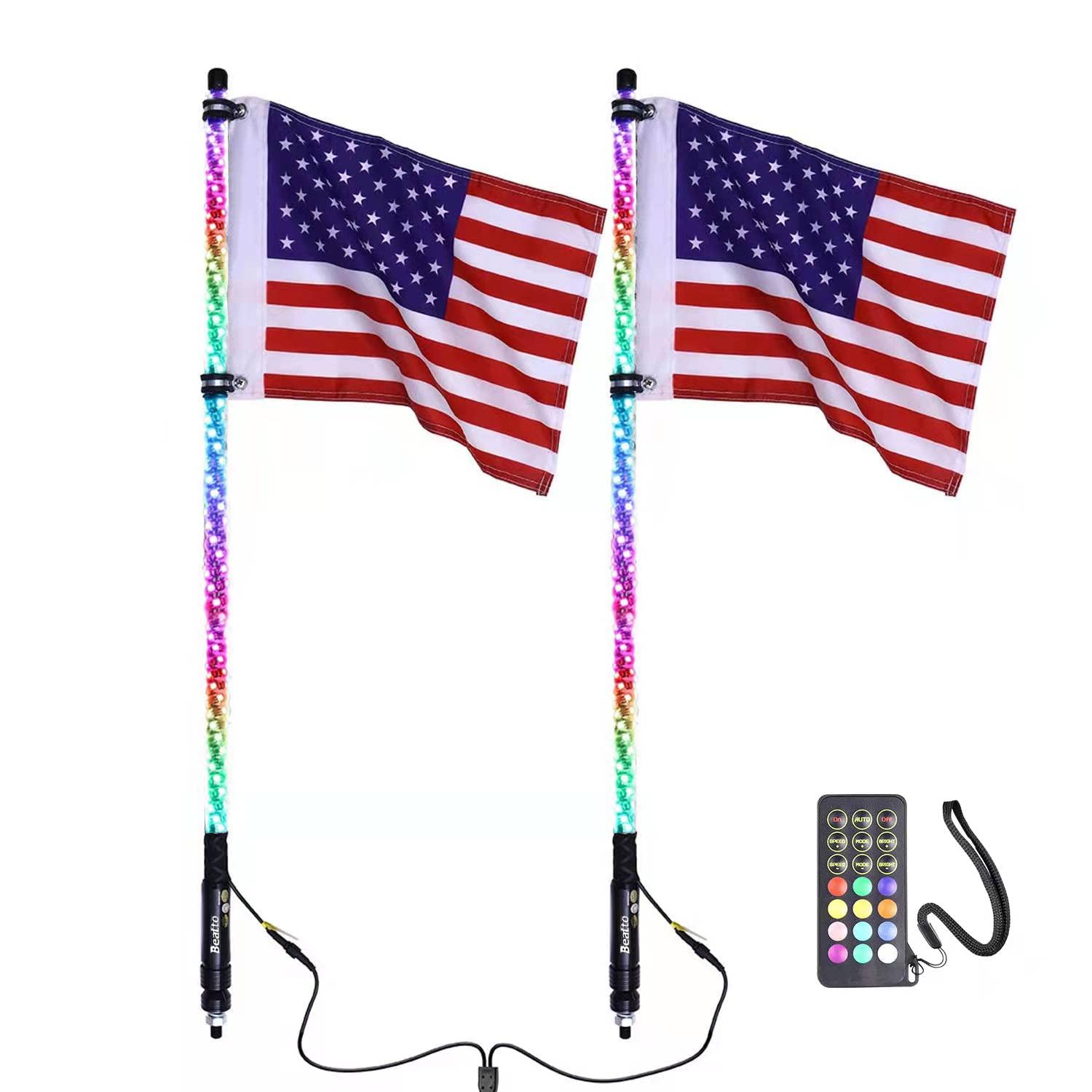 Beatto 2Pcs 3Ft(0.9M) Rf Remote Control Rgb Led Whips Light With Dacning/Chasing, Antenna Light For Off- Road Vehicle Atv Utv Rz