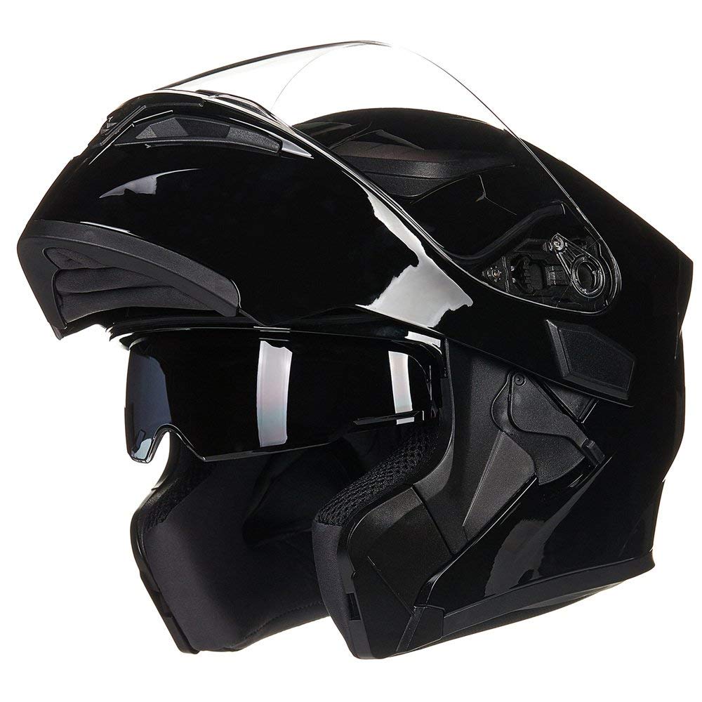 ILM Dual Visor Modular Full Face Motorcycle Helmet DOT LED Light Model 902L, Large, Gloss Black