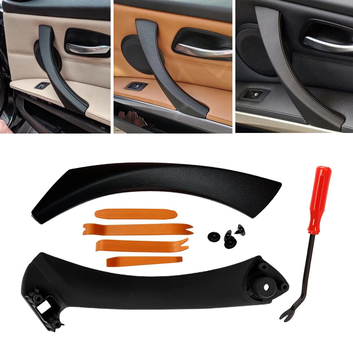 Black Right Front Side Interior Door Panel Handle And Door Pull Outer Trim Cover W/ Fasteners Replacement For Bmw E90 E91 3 Seri