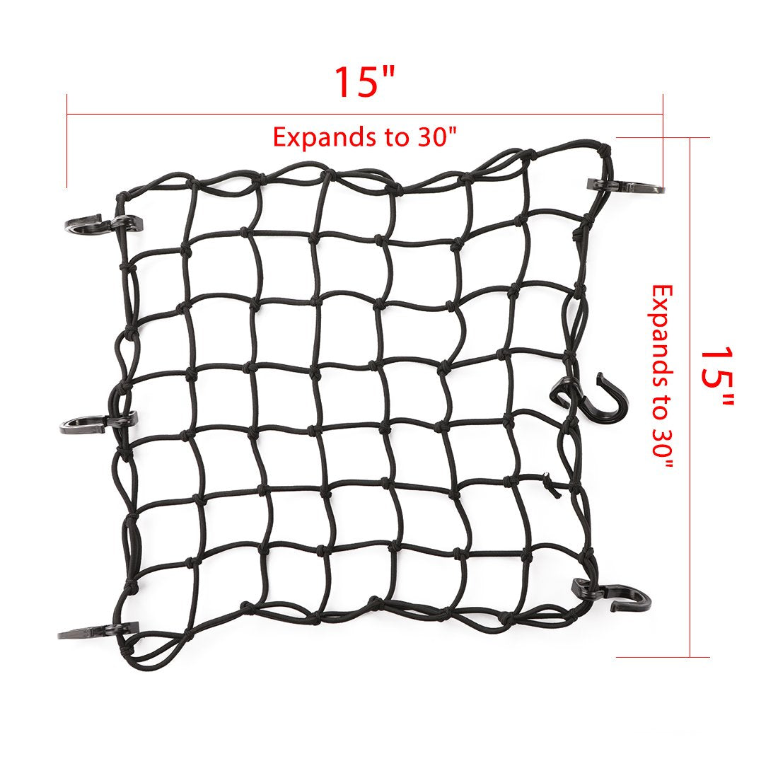 Czc Auto 15''X15'' Black Latex Bungee Cargo Net Strech To 30''X30'', Gear Helmet Luggage Netting With 2''X2'' Small Mesh And 6 A