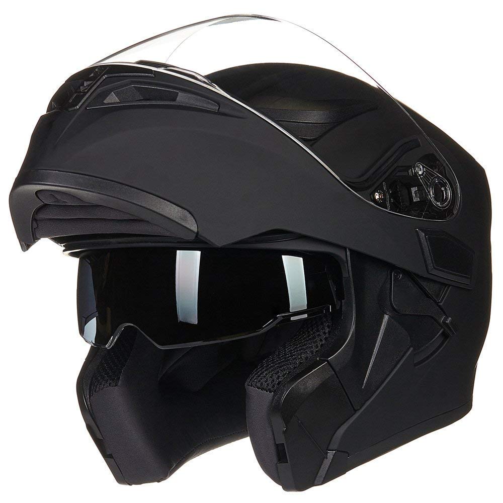 ILM Motorcycle Helmet Dual Visor Modular Full Face DOT LED Light Model 902L, Medium, Matte Black - LED