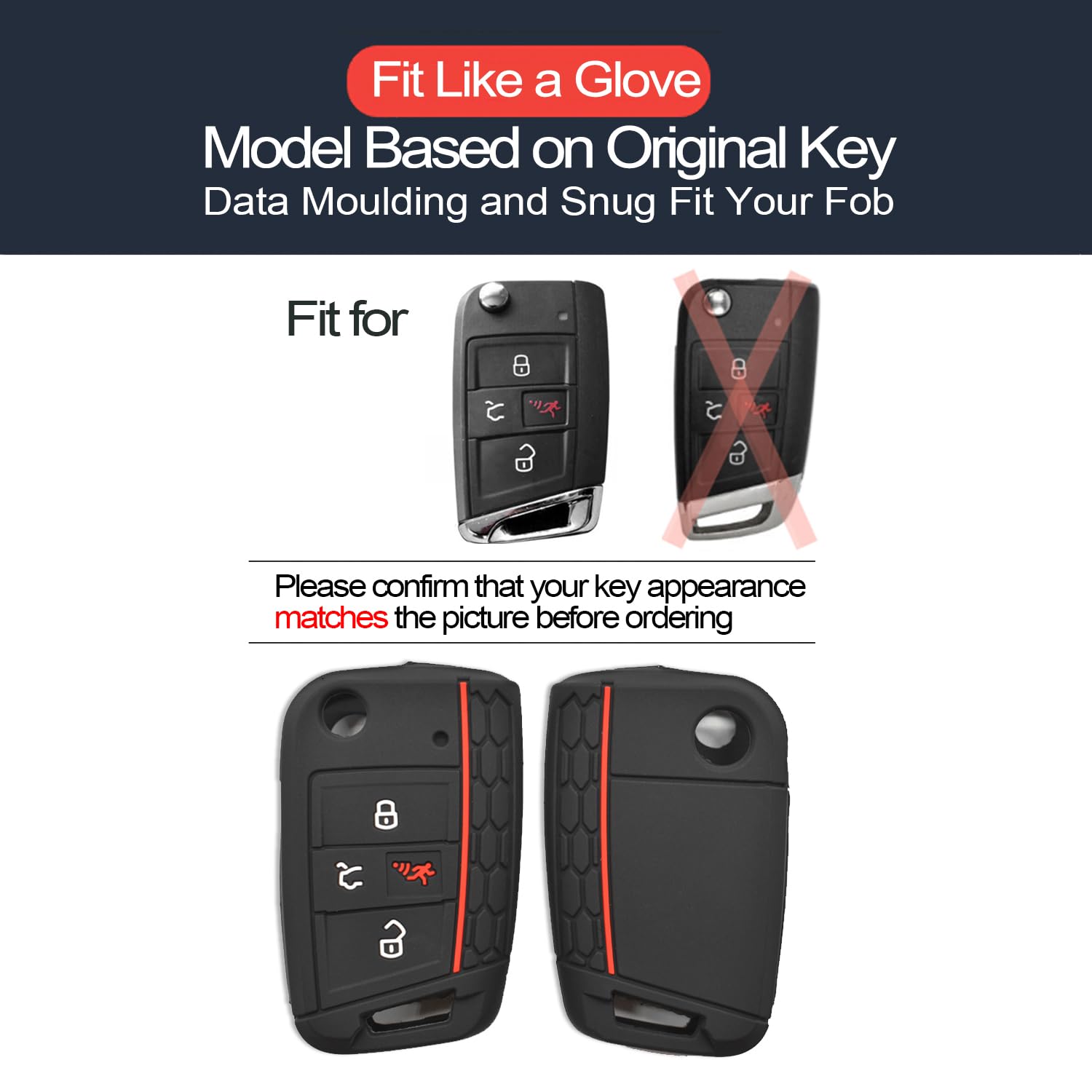 INFIPAR 2pcs Compatible with Volkswagen VW Jetta Golf Polo Tiguan Atlas Flip 4 Buttons Black Key Fob Cover Case Key Chain Protec