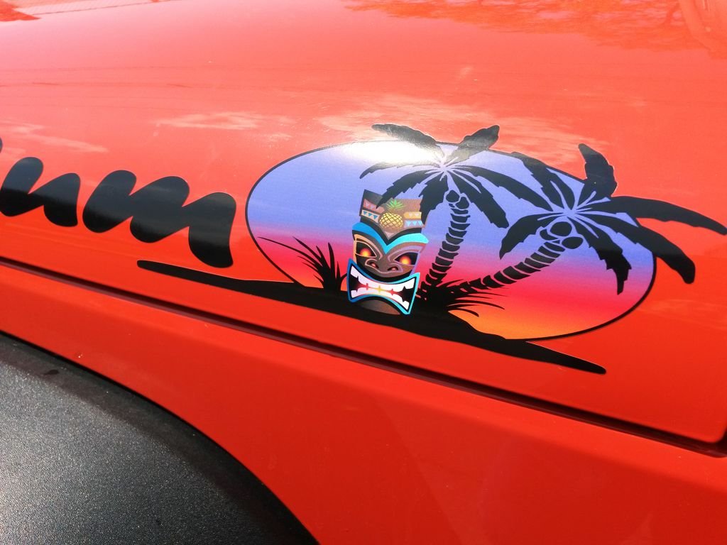 Beach Bum Decals With Tiki & Palm Tree - 2Pc Hood Decal Set - Made For: Wrangler Islander Sport Yj Tj Jk Jku X - Car Truck 4X4 D