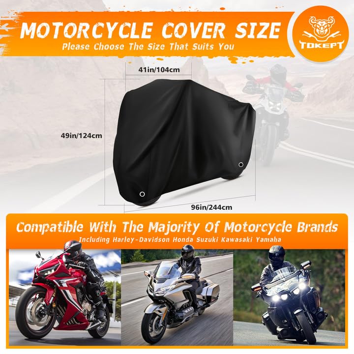 Tokept Motorcycle Cover Waterproof Sun with Lock-Holes & Storage Bag Heavy Duty Material, Fits up to 96'' Harley Davison and All