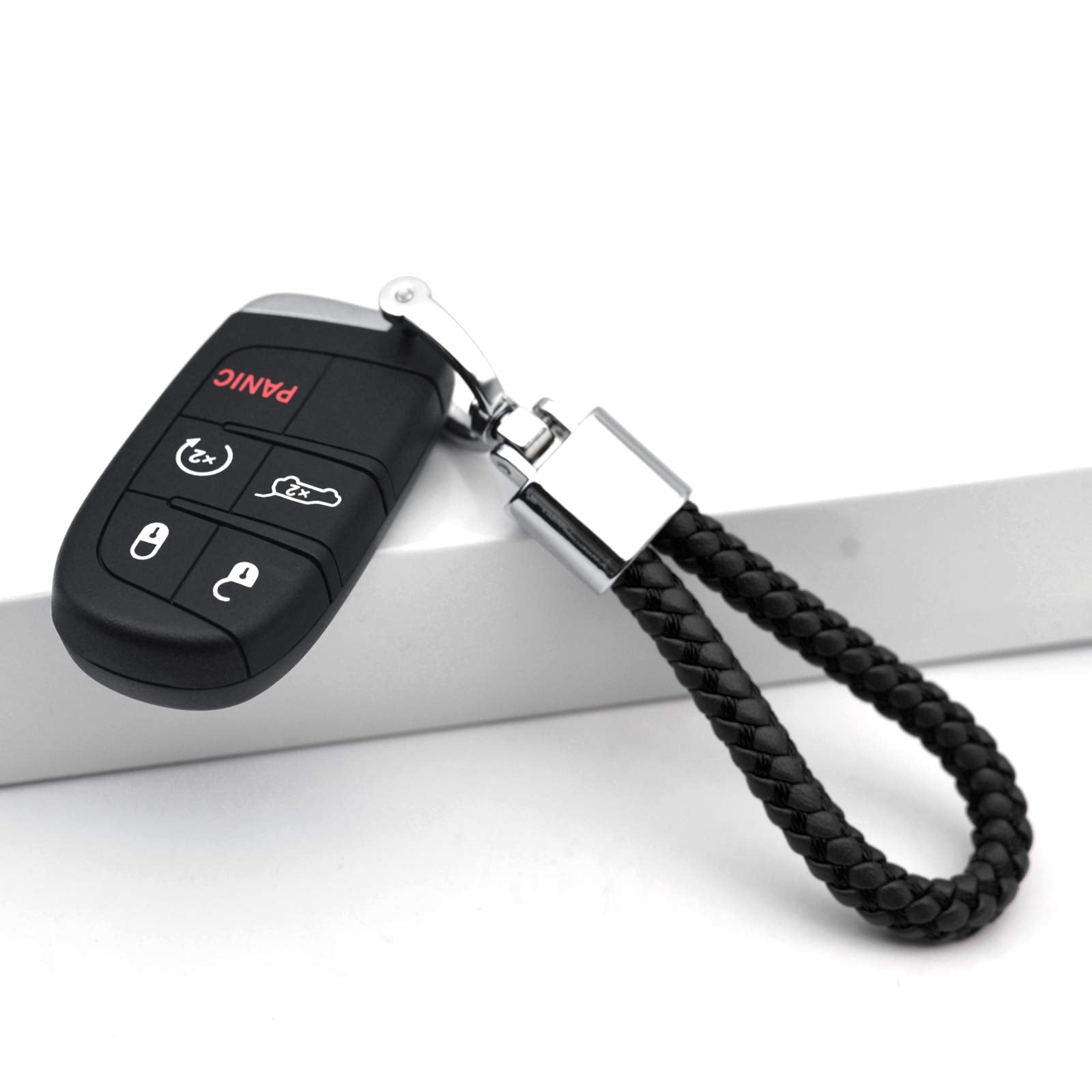 Feyoun Universal Black Leather Car Fob Keychain Metal Keyring Woven Strap Braided Rope Key Chain For Men And Women - Silver Colo