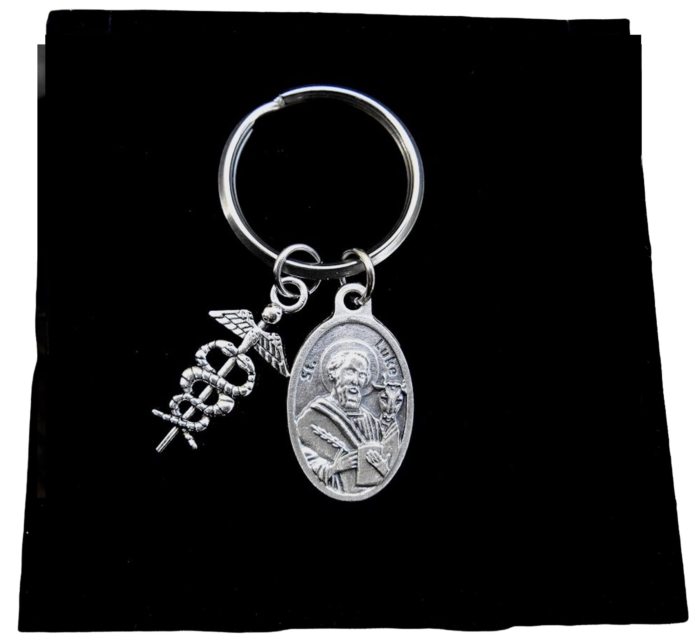 Saint Luke Keychain, Patron Saint Of Doctors, Physicians, Surgeons And Artists, Confirmation, Medical School, Caduceus Charm