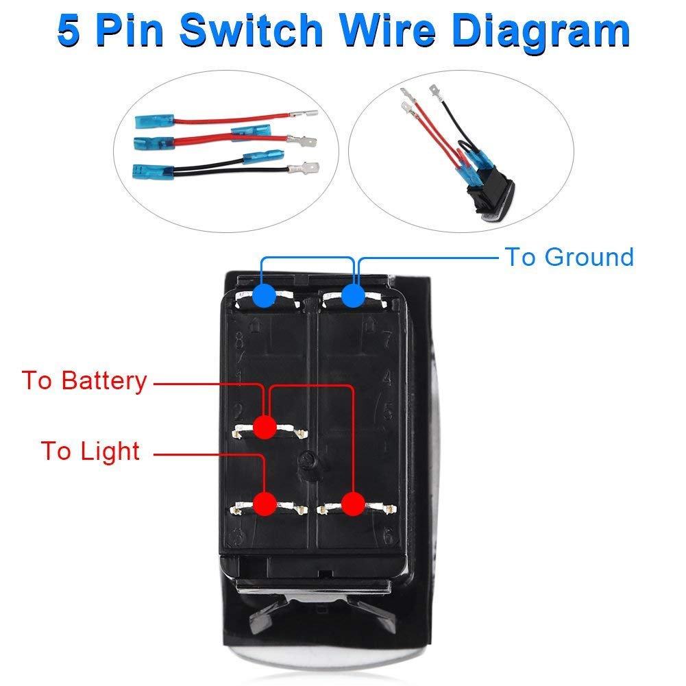 Waterwich Lighted Whip Illuminated Rocker Toggle Switch Waterproof With Jumper Wires Set Dc 20A 12V/10A 24V 5Pin On-Off/Spst Rocker Switch For Auto Truck Boat Marine Rv (Green)