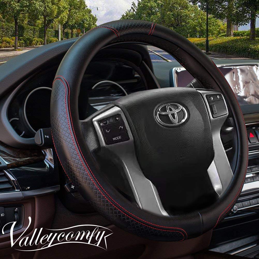 Valleycomfy Leather Steering Wheel Covers Universal 15.75 Inch -Breathable, Anti Slip & Odor Free (Black With Red Lines,L(15 1/2-16))