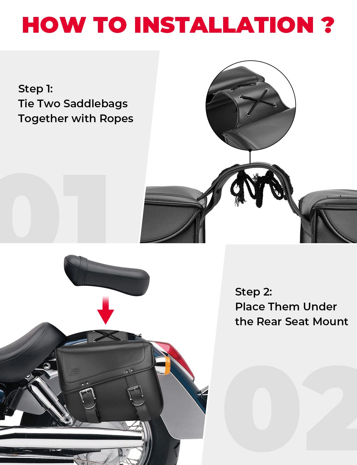 KEMIMOTO Motorcycle Saddlebags, 30L PU Leather Luggage Bag, Large Size, Black, Model MK-BAG01201BK, Universal Fit for Sportster, Softail, D