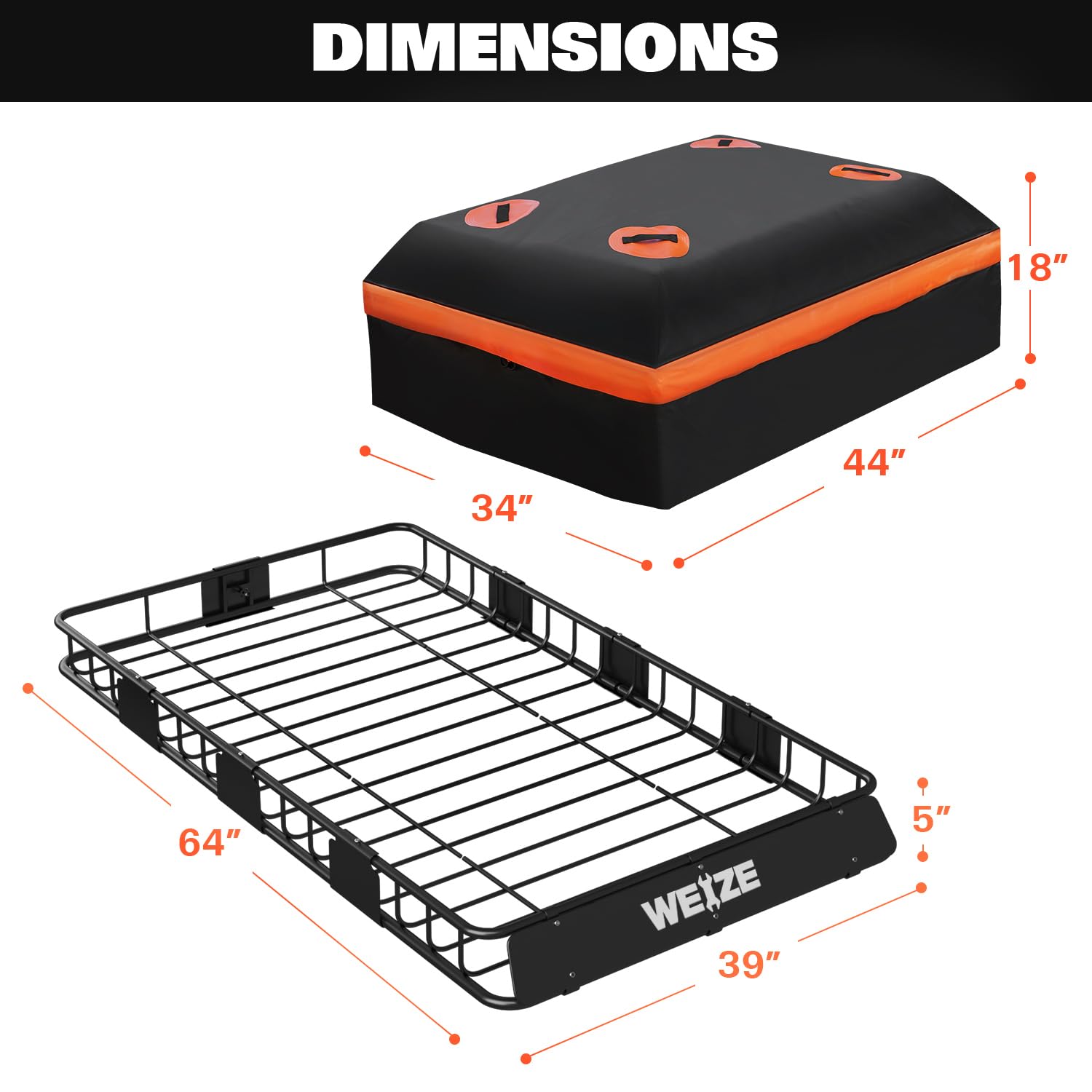 WEIZE Heavy Duty Roof Rack Cargo Carrier Basket 64"x39", Steel, Black, 200lb Capacity with Waterproof Bag & Straps, Model CCB-1034