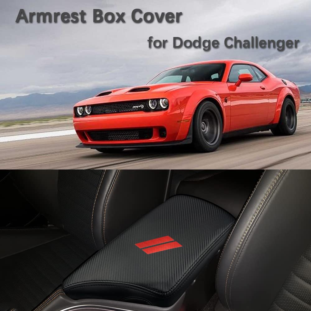Cebat Center Console Armrest Box Cover Anti-Scratch Leather Auto Central Armrest Protector Pad Interior Decoration Accessories Fit For Dodge Challenger 2015-2023(Carbon Fiber)