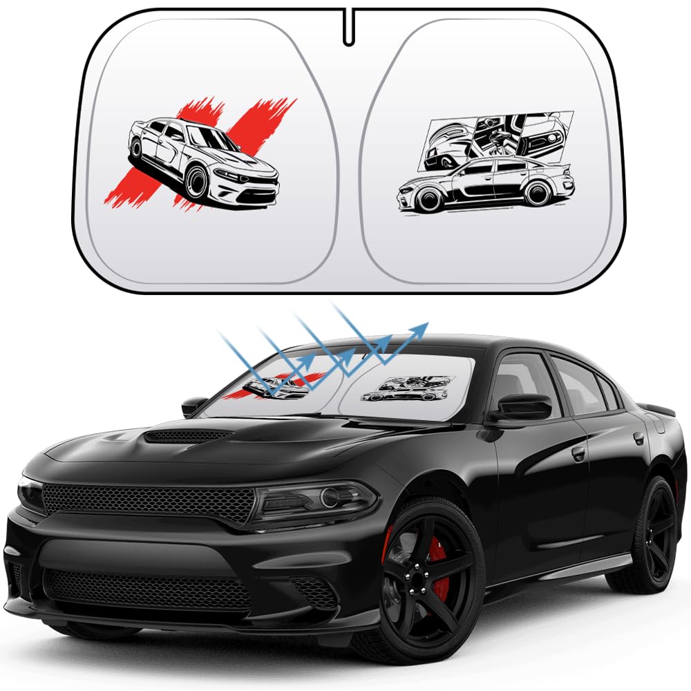 Car Windshield Sun Shade with Unique Logo Compatible for Dodge Challenger Charger Hornet Blocks UV Rays Sun Visor Protector Fron