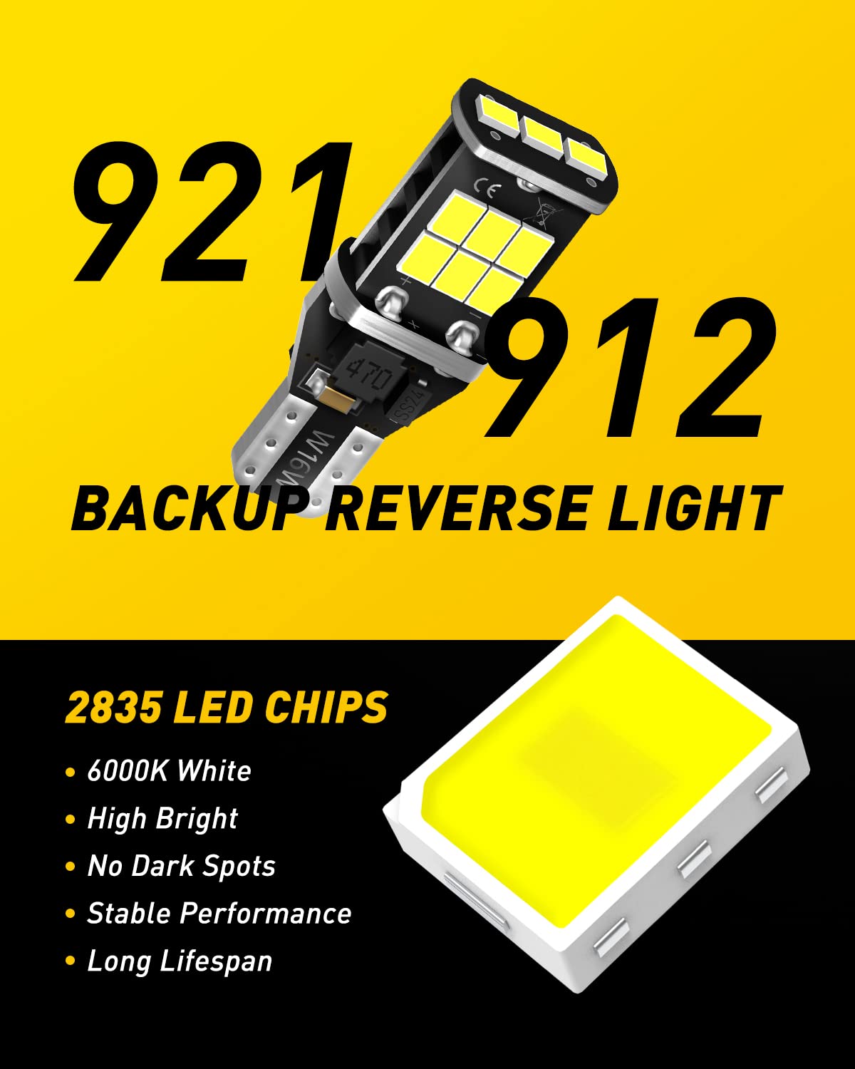 Auxito 912 921 Led Bulb For Backup Light Reverse Lights High Power 2835 15-Smd Chipsets Error Free T15 906 922 W16W Bulbs, 6000K