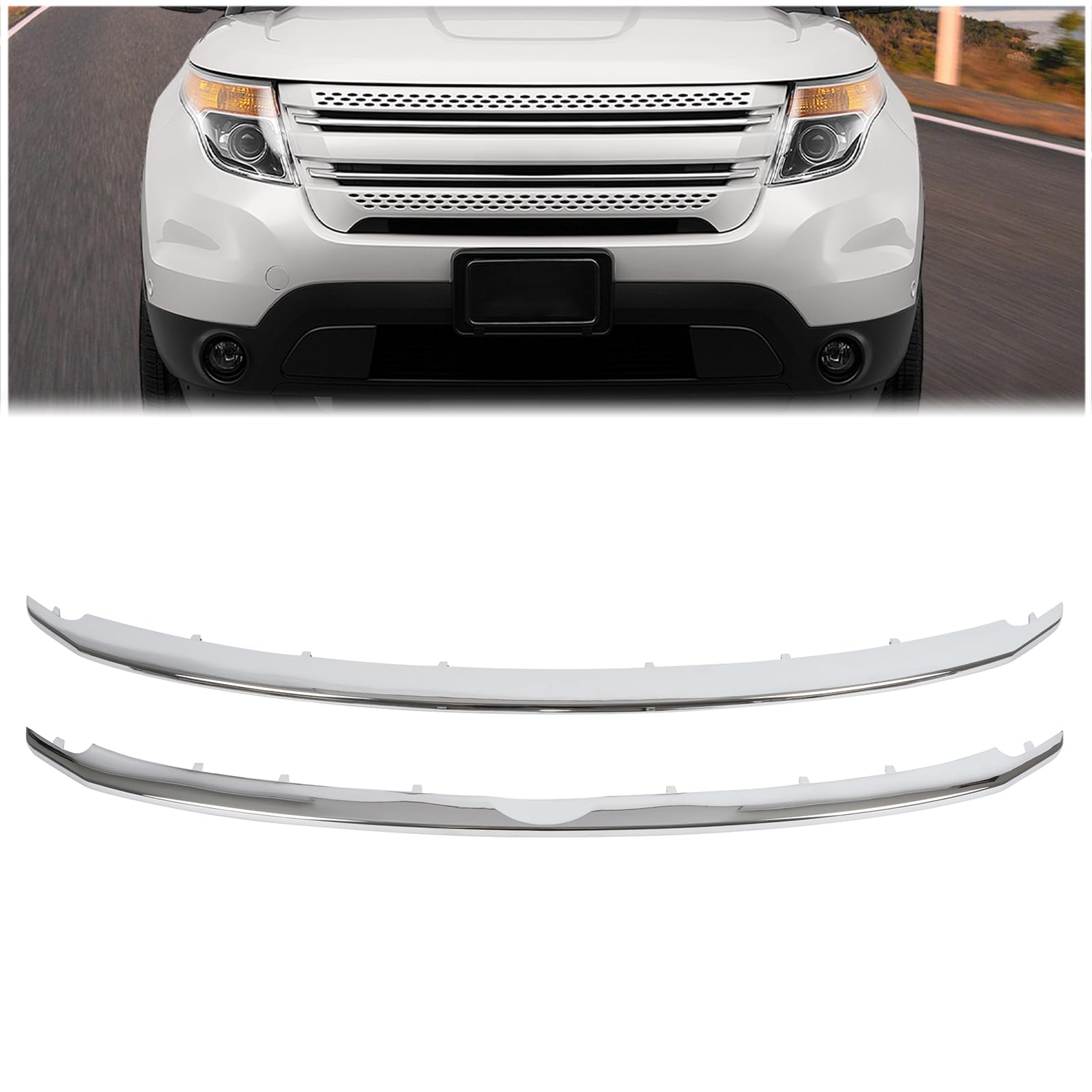 HECASA Upper+Lower Grill Trim Compatible with 2011-2015 Ford Explorer Silvery Front Grille Trim Replacement for BB5Z-8200-AA BB5
